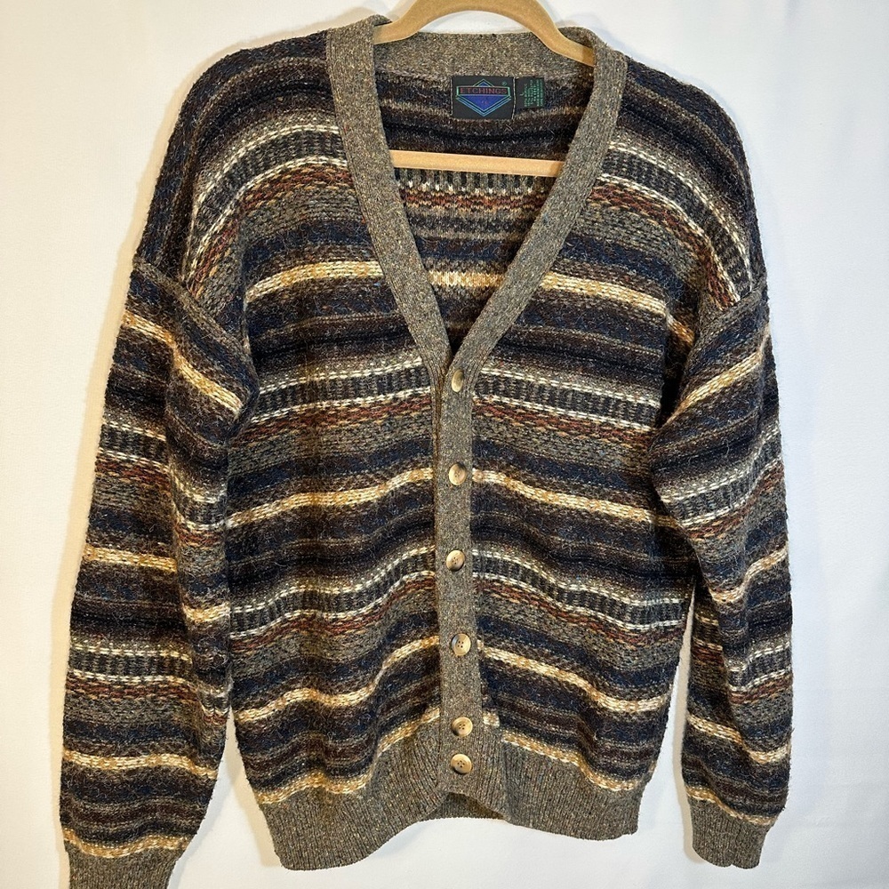 Etchings Vintage Brown Cream Knit Wool Blend Front Buttons Sweater Cardigan L